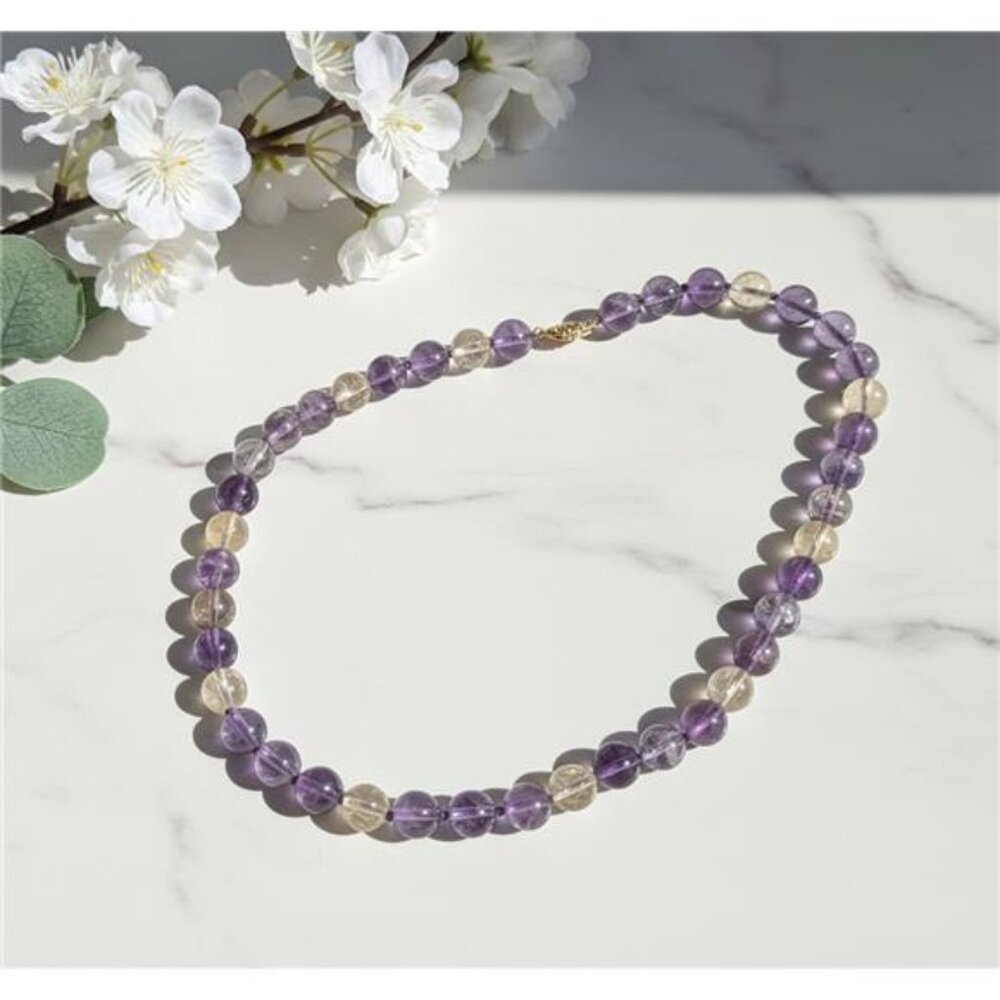 Natural Amethyst Citrine Smoky Quartz Bead Necklace 14K Gold Clasp 18 In